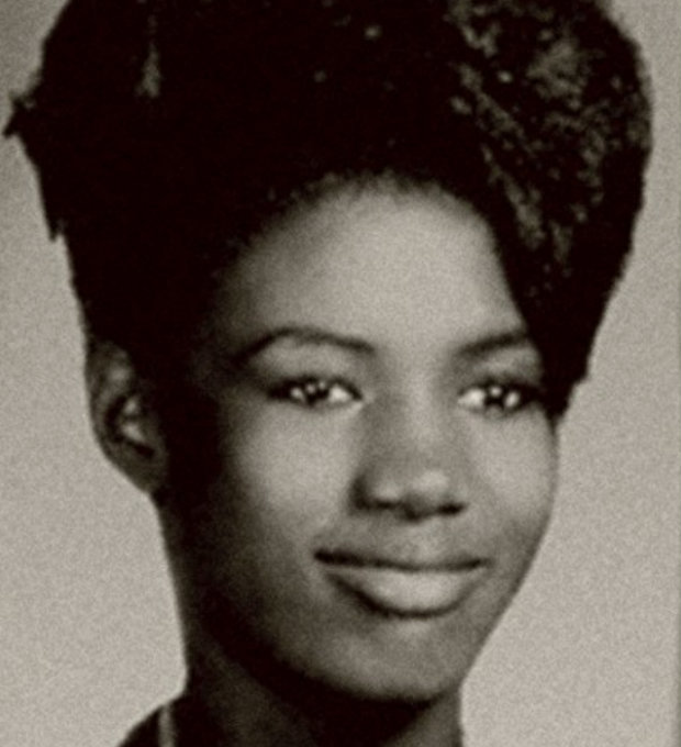 Cultivating her pioneering afro at High School, in the early 1960s.